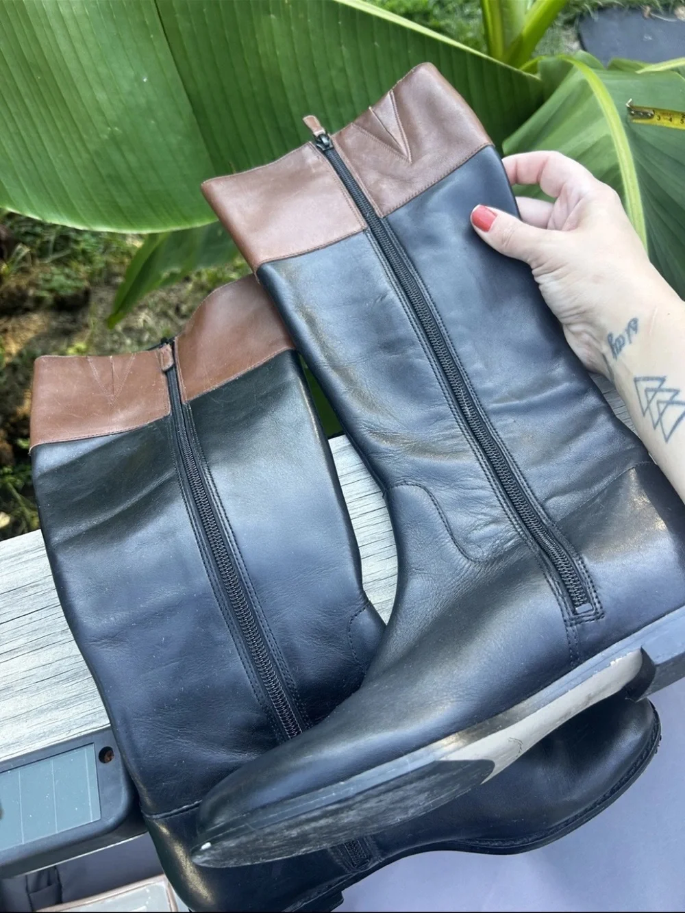 Cole Haan Leather Black And Brown Knee High Riding Boots Size 6.5B